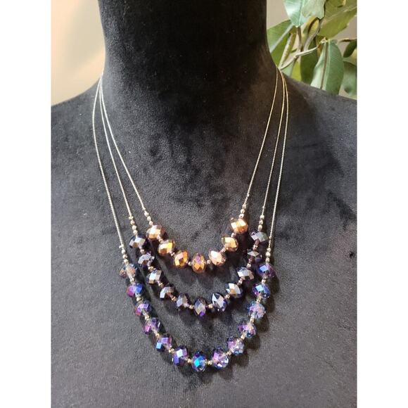 Women's Layered Necklace Silver Chain Faceted Glass Beads Elegant Statement - Picture 1 of 7